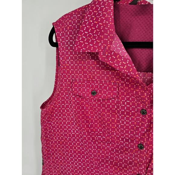 Eddie Bauer Women's Pink Collared Button Down Dot Print Sleeveless Top Size L - Picture 2 of 5